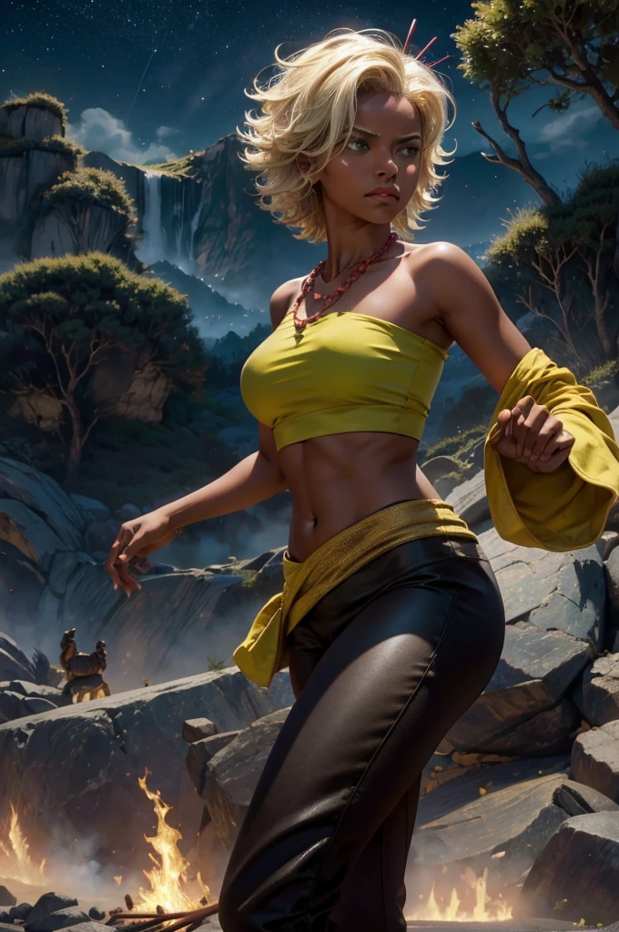 arslanaltan, 1girl, blonde hair, short hair, green eyes, dark skin, brown skin, hair ornament, t-shirt, bare shoulders, yoga pants, necklace, (Masterpiece, Best Quality, Highres:1.2), Detailed, Intricate Details, 4K, solo, cowboy shot, high rating, fighting stance, fighting pose, mountainside, bonfire, crowd, night, stars, closed mouth, serious look, serious expression, looking at viewer,