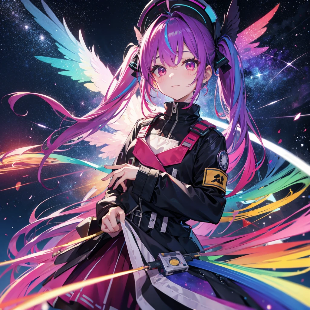 ((Fantasy Rainbow Hair Make your hair rainbow-colored on the inside Twin tails Dull red eyes Have a galaxy uniform Put on a coat without putting your arms through it Wings many times larger than me Lonely Smiling Kindly)) ((Tears gloves)) (Broken glass Distorted Space-Time star) Catch the wind fall Shining Background Particles of light, rainbow-colored edges