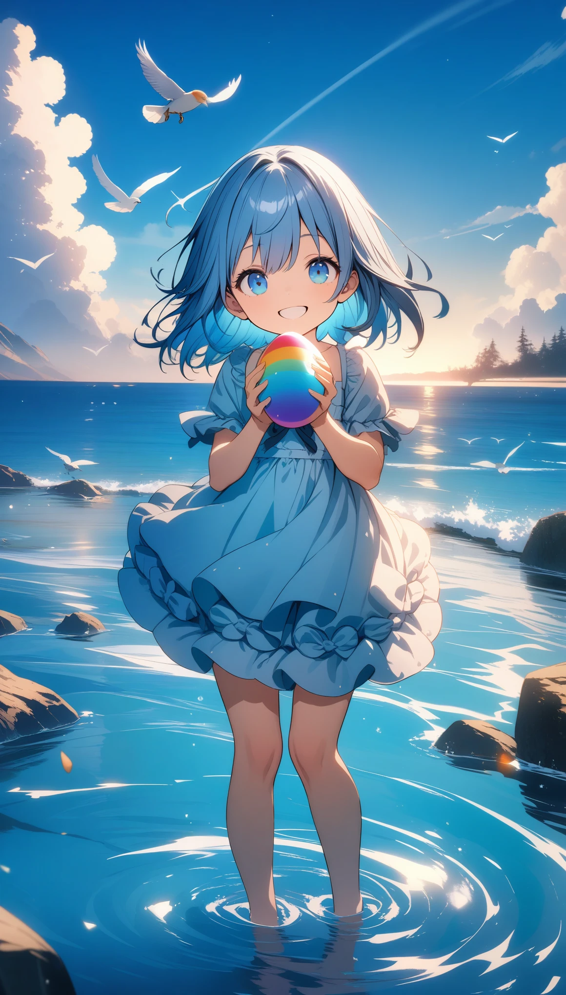 32k, best quality, ultra high res, HDR, UHD, extremely detailed CG, unity 32k wallpaper, A world full of eggs, Holding a rainbow-colored egg in both hands, Very cute girl, Blue Hair, blue eyes, A beautiful and cute blue dress, from the front, A very beautiful sea background, Standing on the water, Particles that glow blue, bird, cloud, Feathered girl, Smiling happily without showing teeth,