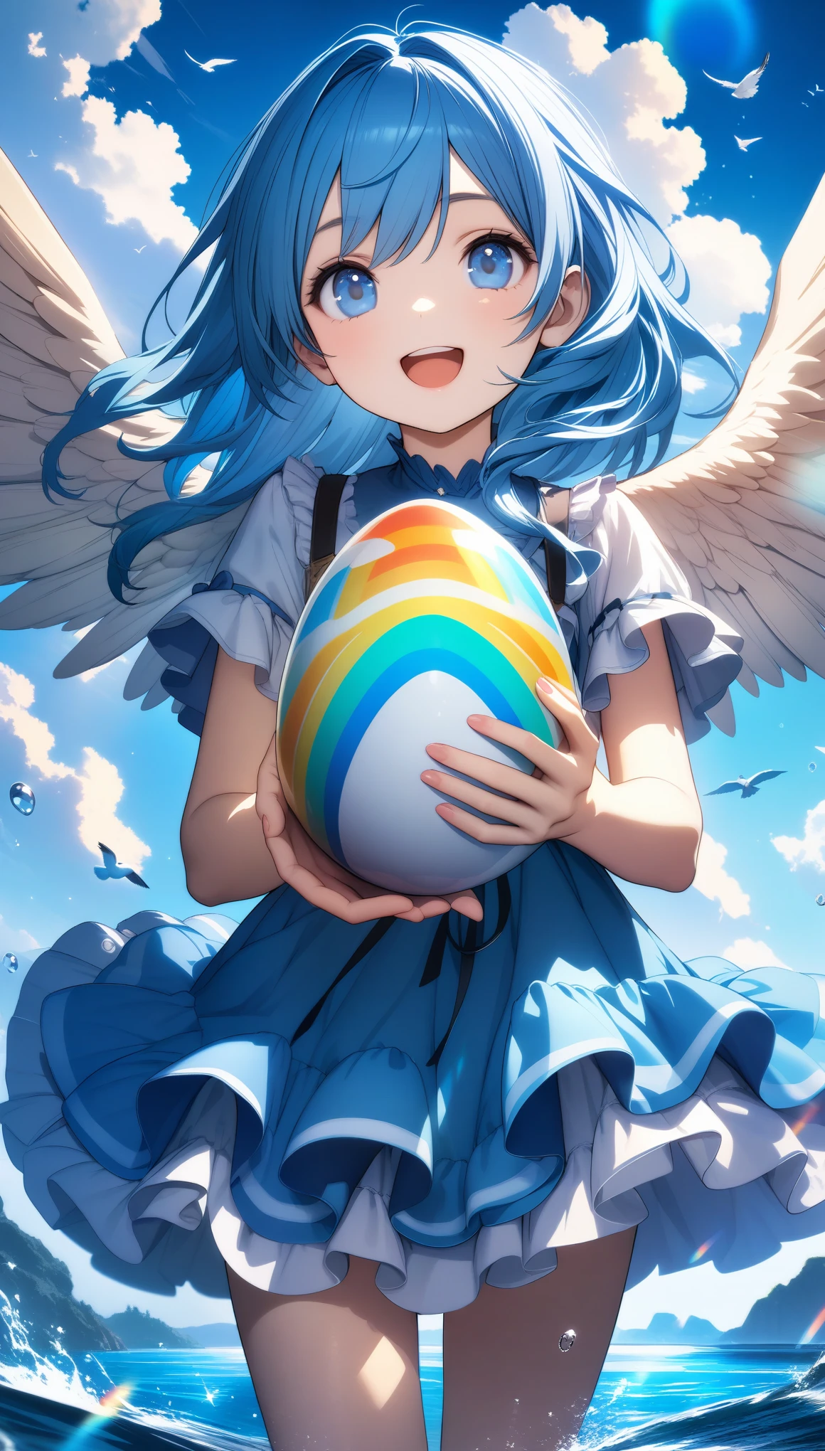 32k, best quality, ultra high res, HDR, UHD, extremely detailed CG, unity 32k wallpaper, A world full of eggs, 16 years old, Holding a rainbow-colored egg in both hands, Very cute girl, Blue Hair, blue eyes, A beautiful and cute blue dress, from the front, A very beautiful sea background, Standing on the water, Particles that glow blue, bird, cloud, Egg with wings, Close your mouth and smile happily, 