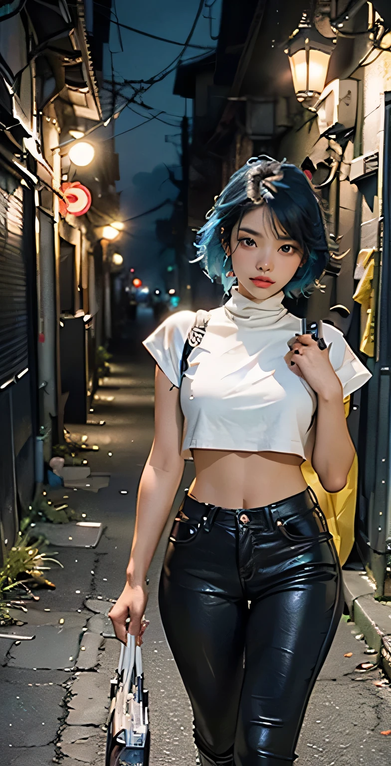 bounty hunter,(((1 girl))),((anime man walking down the street)),
((medium black hair,disheveled hair,blue hair,black hair,two-tone hair)),(((lustrous skin:1.5,tanned skin,bright skin: 1.5,skin tanned,shiny skin,very shiny skin,shiny body))),((detailed eyes,perfect eyes,rainbow glows ultra-detailed orange brown eyes:1.1,gradient eyes:1,finely detailed beautiful eyes:1,symmetrical eyes:1,big highlight on eyes:1.2)),
alluring look,
bounty hunter pants,((bulge in pants)),((bounty hunter outfit)),(wearing a bounty hunter outfit:1.3,bounty hunter clothes),(detailed outfit,detailed clothes),
(dynamic pose:1.0),solo focus,((evil smile,evil look)),centered,scale to fit dimensions,Rule of thirds,
outdoors,((night view)),(cyberpunk night street Background: 1.5,dark sky,alleyway, alley,thick clouds,detailed background:1.25),
(best quality),(high resolution),(sharp focus),(ultra detailed),(extremely detailed),(extremely high quality artwork),8k_wallpaper,(extremely detailed CG 8k),(very fine 8K CG),((hyper super ultra detailed perfect piece)),flawless,(((masterpiece))),illustration,vibrant colors,(intricate),High contrast,Selective lighting,Double exposure,HDR (High Dynamic Range),Post-processing,Background blur,