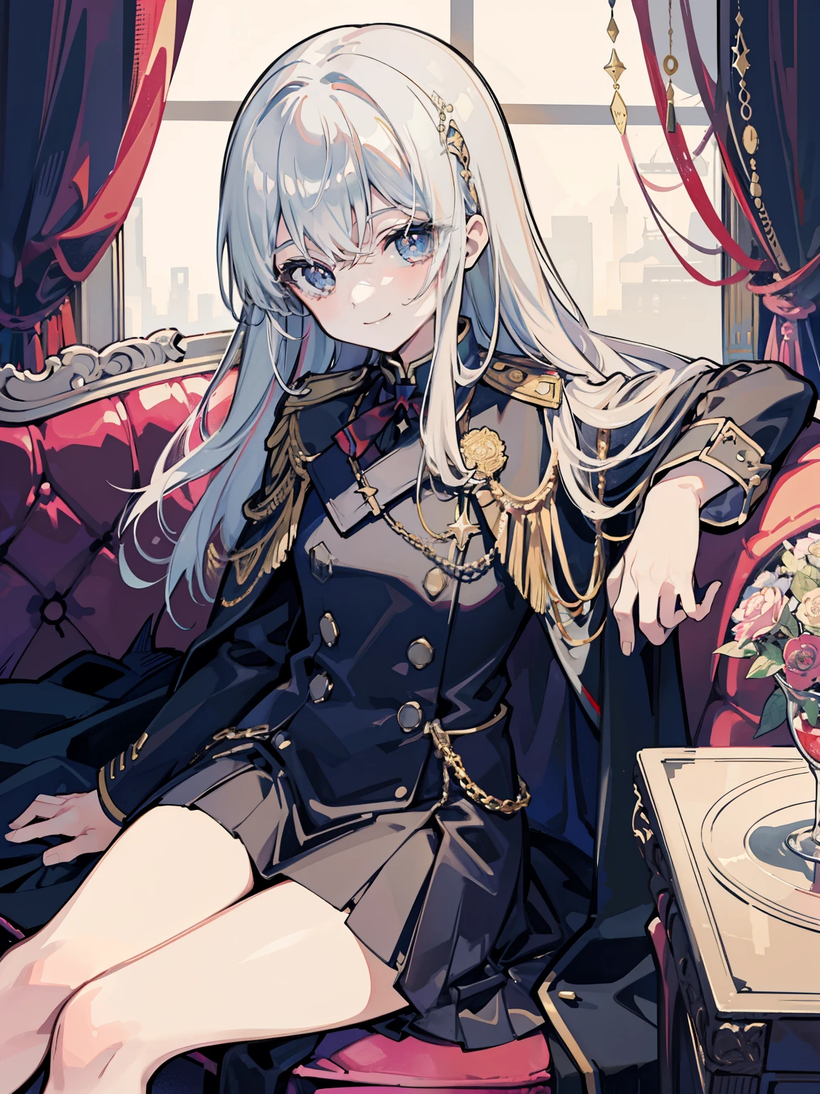 Transparent watercolor, girl, Jewel Eyes, Beautiful arrangements and motifs, Depth of the Boundary, Flat avatar, one girl, smile,Carabinieri、uniform、Military cloak、Sit on a leather sofa、Crossing your legs、Bossy attitude、Looking from above、Solo Illustration
