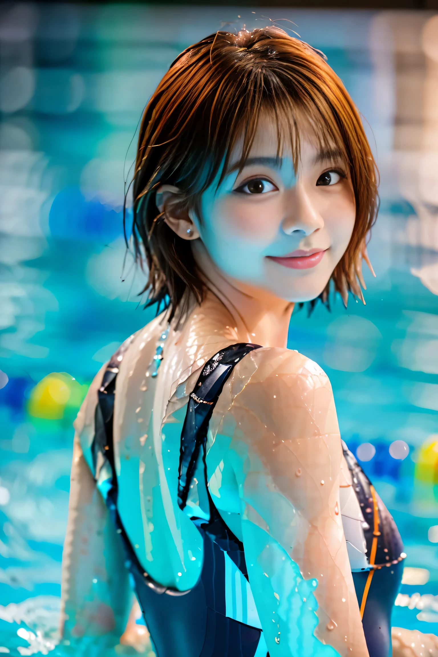 (swimming school:1.5), (1. Female), (The best quality at its best:1.4), (Super detailed), (Very detailed CG unified 16k), Beautiful woman with perfect figure: 1.4, Sharp focus: 1.2, Very detailed, High-quality RAW color photos, Professional photography, Great face and eyes, cosmetics, (Amazingly beautiful girl), ((Swimming wear:1.5)), Sexy posture，(View from below), Realistic movie faces, Wide zoomed out view of head to foot length, Full body long view, Realistic, ((Realistic natural orange red hairstyle, Realistic blue eyes)), ( Short Bob Hair:1.5), (necklace:1.5)、, Very beautiful face, Perfect model beauty, Mouth swelling, Highly detailed face and skin texture, Fine grain, double eyelid, Medium chest, smile, Crack, west, (masterpiece), highest quality, High resolution, Very detailed, Blurred Background, Depth of written boundary, Cinema Lighting, Great legs, , Clear, well-maintained skin, (((Women make up the majority of the photo)))