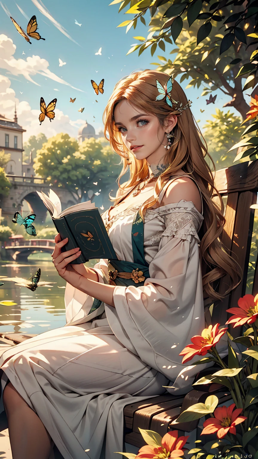 Depict a calm and peaceful lake, Surrounded by lush and colorful plants. On one of the riverbanks, White woman sitting, I read a book、Happy and satisfied. Around the lake, birdsong, etc.、There are other friendly animals too, Butterflies flutter、Dragonflies buzzing around. Create a magical and enchanting scene!  