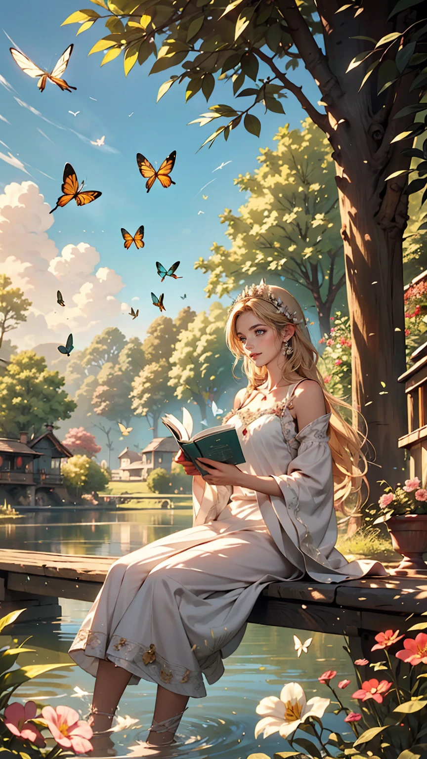 Depict a calm and peaceful lake, Surrounded by lush and colorful plants. On one of the riverbanks, White woman sitting, I read a book、Happy and satisfied. Around the lake, birdsong, etc.、There are other friendly animals too, Butterflies flutter、Dragonflies buzzing around. Create a magical and enchanting scene!