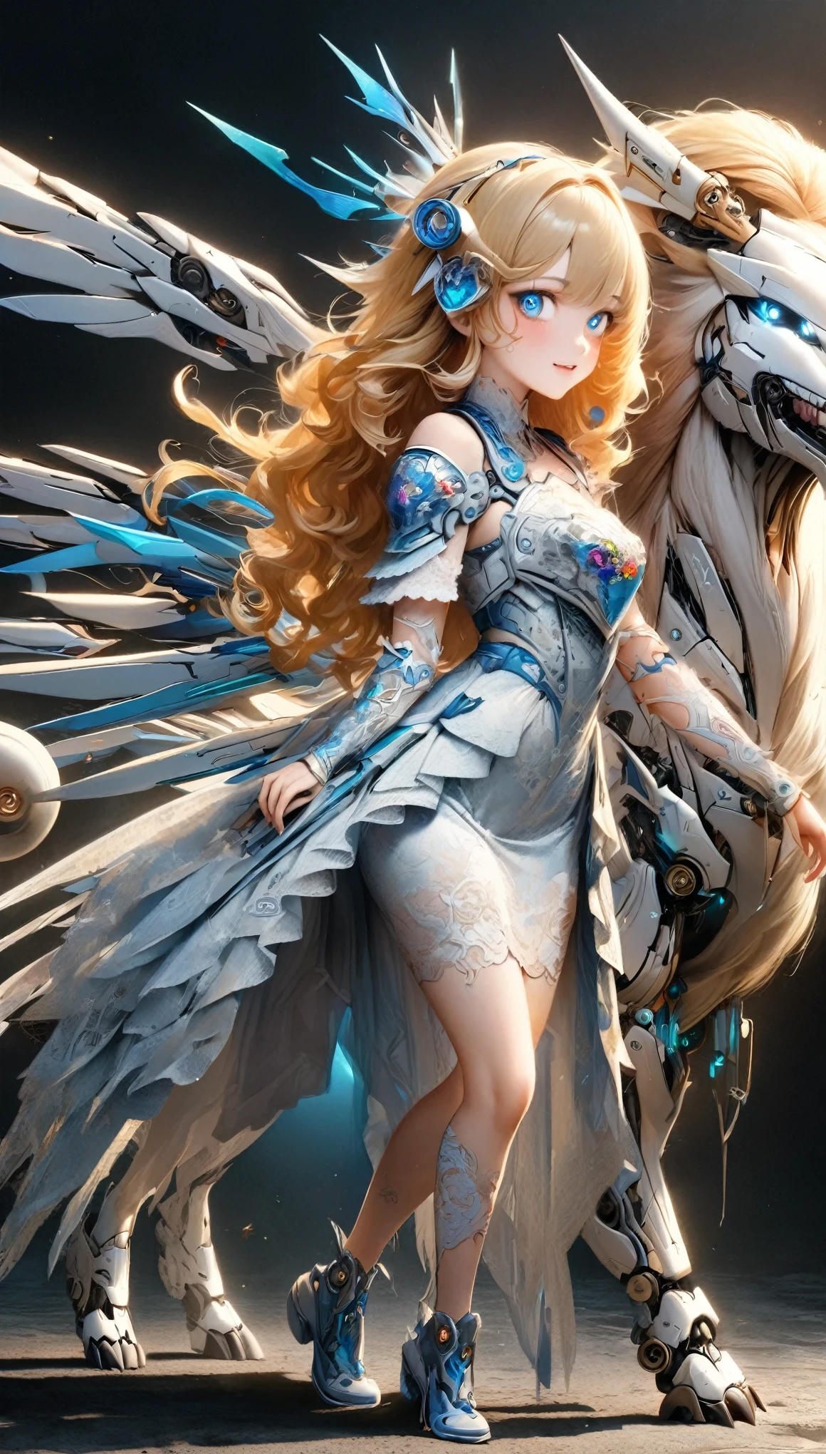 masterpiece, best quality, extremely detailed, high resolution, Japanese anime,1girl, gold hair, (medium length hair:1.4), curly hair, wavy hair, drill hair, (mechanical horn:1.5), mechanical wing, (blue eyes:1.5), (beautiful detailed eyes:1.4), laugh, 130cm tall, original character, fantasy, (black background:1.2), (full body:1.8), beautiful fingers, standing, (white blue lace frill armor dress:1.5), (bejeweled headgear:1.5) , shoot from front, looking at viewer