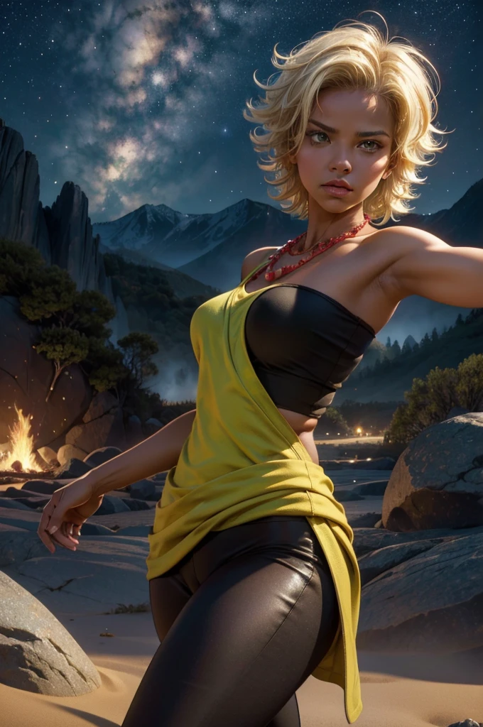 arslanaltan, 1girl, blonde hair, short hair, green eyes, dark skin, brown skin, hair ornament, t-shirt, bare shoulders, yoga pants, necklace, (Masterpiece, Best Quality, Highres:1.2), Detailed, Intricate Details, 4K, solo, cowboy shot, high rating, fighting stance, fighting pose, mountainside, bonfire, crowd, night, stars, closed mouth, serious look, serious expression, looking at viewer,