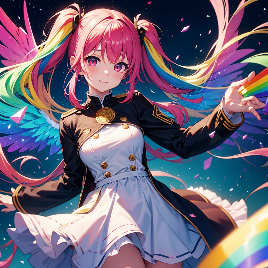 ((Fantasy Rainbow Hair Make your hair rainbow-colored on the inside Twin tails Dull red eyes Have a galaxy uniform Put on a coat without putting your arms through it Wings many times larger than me Lonely Smiling gently, center)) ((Tears gloves)) (Broken glass Distorted Space-Time star) Catch the wind fall Shining Background Particles of light, rainbow-colored edges