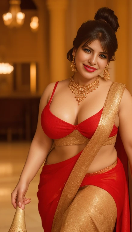 Day scene, close up photo of a sexy latina maid, cleaning floor in a palace, big cheeks, curvy, super stylish red saree with wide open breasts, accessories, earrings, necklace, erotic face, 36 yo, ponytail, look at viewer and smile, (cinematic:1.3), intricate details, (ArtStation:1.2)