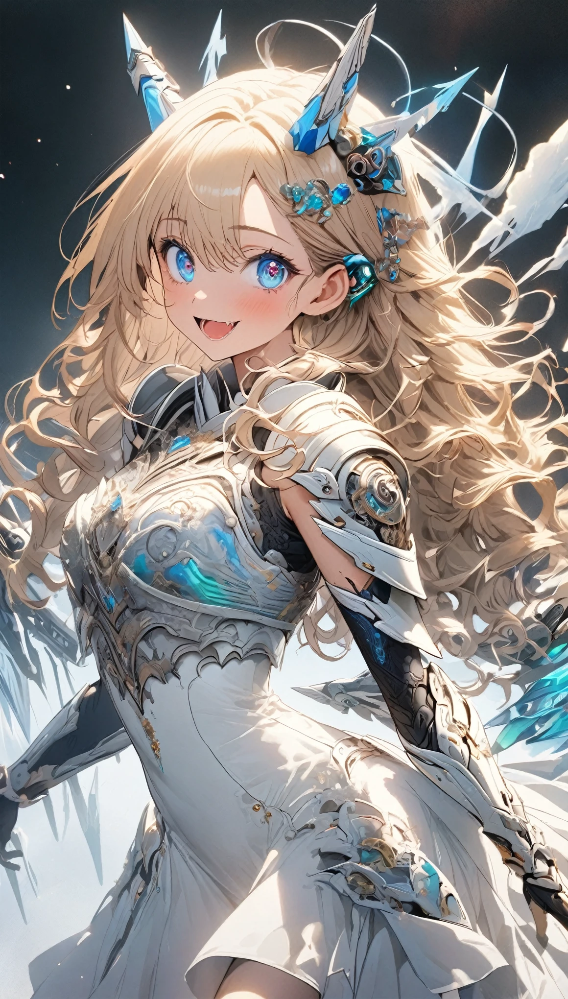 masterpiece, best quality, extremely detailed, high resolution, Japanese anime,1girl, gold hair, (medium length hair:1.4), curly hair, wavy hair, drill hair, (mechanical horn:1.5), mechanical wing, (blue eyes:1.5), (beautiful detailed eyes:1.4), laugh, 130cm tall, original character, fantasy, (black background:1.2), (full body:1.8), beautiful fingers, standing, (white blue lace frill armor dress:1.5), (bejeweled headgear:1.5) , shoot from front, looking at viewer