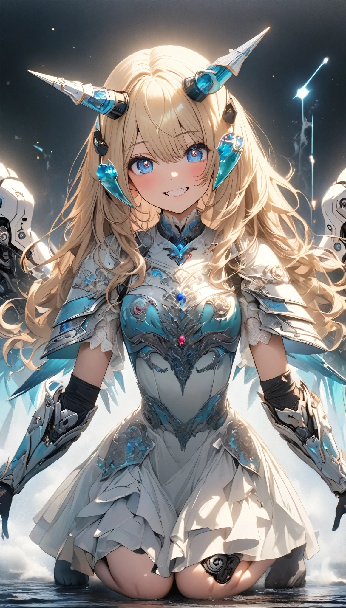 masterpiece, best quality, extremely detailed, high resolution, Japanese anime,1girl, gold hair, (medium length hair:1.4), curly hair, wavy hair, drill hair, (mechanical horn:1.5), mechanical wing, (blue eyes:1.5), (beautiful detailed eyes:1.4), laugh, 130cm tall, original character, fantasy, (black background:1.2), (full body:1.8), beautiful fingers, standing, (white blue lace frill armor dress:1.5), (bejeweled headgear:1.5) , shoot from front, looking at viewer