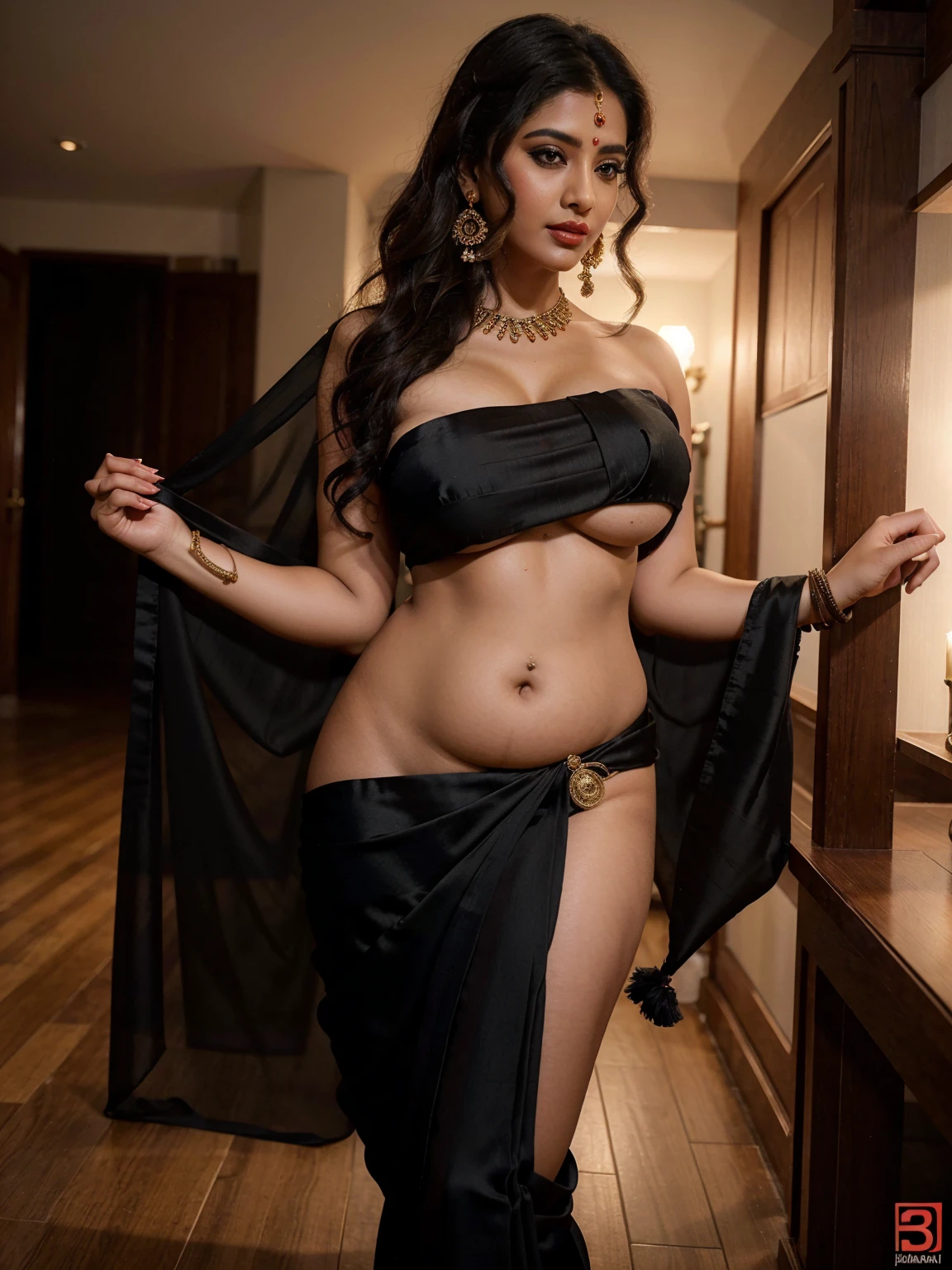 sexy Indian busty women , wearing black colour silk saree , big boobies , belly button showing , long curly hairs , earrings , wearing ornaments , slutty make up , red lips , standing in party functions , 8k resolution , photorealistic , ultra realistic ,
