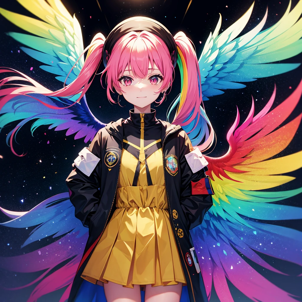 ((Fantasy Rainbow Hair Make your hair rainbow-colored on the inside Twin tails Dull red eyes Have a galaxy uniform Put on a coat without putting your arms through it Wings many times larger than me Lonely Smiling Kindly)) ((Tears gloves)) (Broken glass Distorted Space-Time star) Catch the wind fall Shining Background Particles of light, rainbow-colored edges