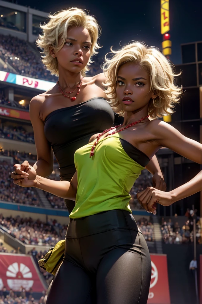 arslanaltan, 1girl, blonde hair, short hair, green eyes, dark skin, brown skin, hair ornament, t-shirt, bare shoulders, yoga pants, necklace, (Masterpiece, Best Quality, Highres:1.2), Detailed, Intricate Details, 4K, solo, cowboy shot, high rating, fighting stance, fighting pose, stadium, audience, crowd, night, stars, closed mouth, serious look, serious expression, looking at viewer,
