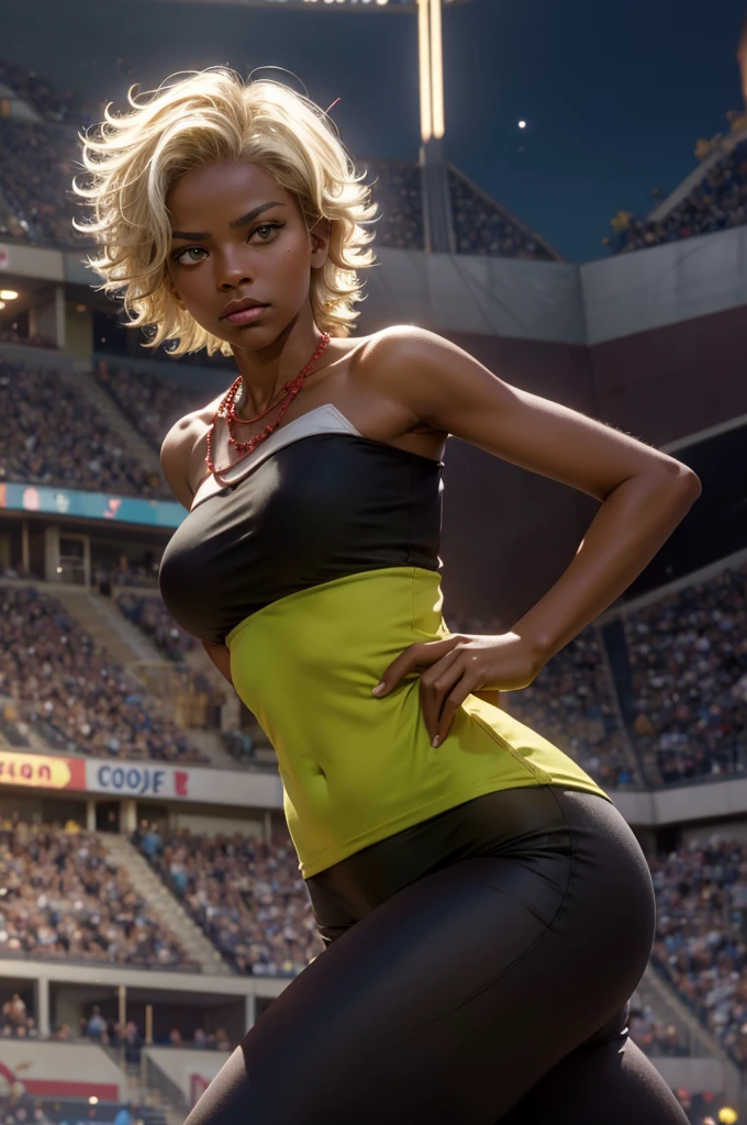 arslanaltan, 1girl, blonde hair, short hair, green eyes, dark skin, brown skin, hair ornament, t-shirt, bare shoulders, yoga pants, necklace, (Masterpiece, Best Quality, Highres:1.2), Detailed, Intricate Details, 4K, solo, cowboy shot, high rating, fighting stance, fighting pose, stadium, audience, crowd, night, stars,  closed mouth, serious look, serious expression, looking at viewer,
