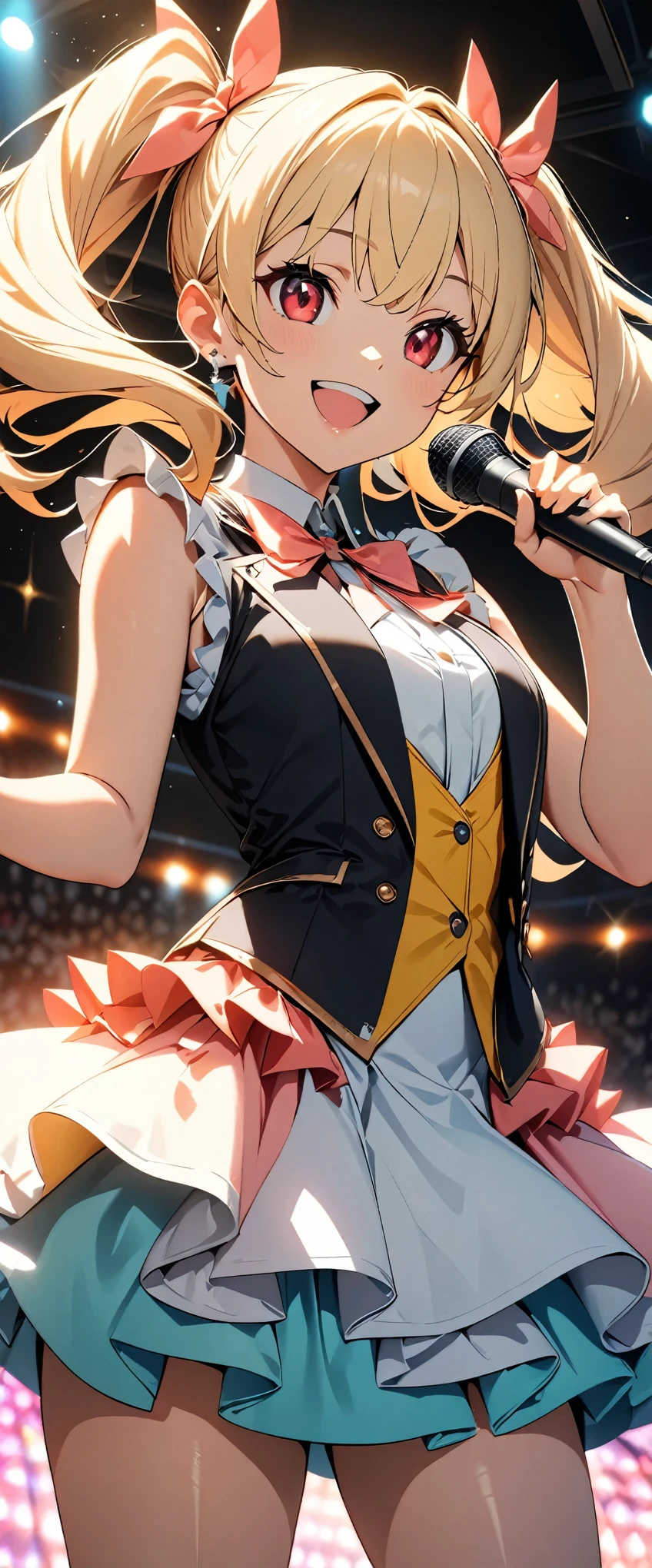 (最high quality, 4k, High resolution, masterpiece:1.2), Very detailed, (anime, animeスタイル:1.37, High Contrast), Cinematic Light, Bright colorsと魅惑的な効果, Soft and delicate lighting, Lens flare, The whole scene has a beautiful and gentle atmosphere., alone, (((1 girl))), Blonde, Long Hair, Twin tails, Red eyes, jewelry, Earrings, Idol Costumes, Cute frills, pastel colour, Beautiful thighs, flare skirt, (smile:1.5), ((Open your mouth:1.2)), ((Random Action Pose:1.2)), ((With the microphone, singing:1.1)), Beautiful Skin, Shiny skin, Perfect Fingers, Five Fingers, ((Live Stage:1.2)), Background blur, high quality, Surreal, Bright colors.