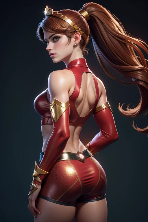 Sexy alexandra daddario as a beautiful female superheroine , green eyes brown hair, ponytail, red crop shirt, with a golden Star, wears a golden tiara on forehead with a red gem in her head , golden bracelets, long red boots, and small red shorts portrait photography by artgerm, in the style of realism, glistening skin, cartooncore, mangacore, natural lighting, Defined full lips. Muscular fitness feminine body back view
