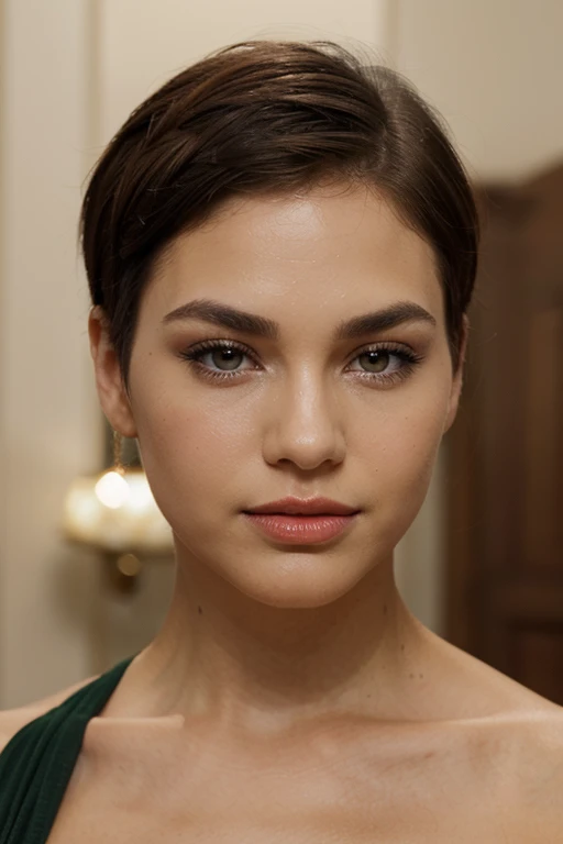 Face: Oval, soft and balanced features.
Eyes: Large, expressive, emerald green, subtle makeup to enhance brightness.
Eyebrows: Well-defined, naturally thick, adding depth to the gaze.
Nose: Proportionate, elegantly shaped.
Lips: Full, well-shaped, bright red lipstick for bold contrast.
Hair: Very short, buzz cut style, 1-2 mm length, natural brown color.
Skin: Fair, flawless, minimal makeup, slight blush to enliven complexion.