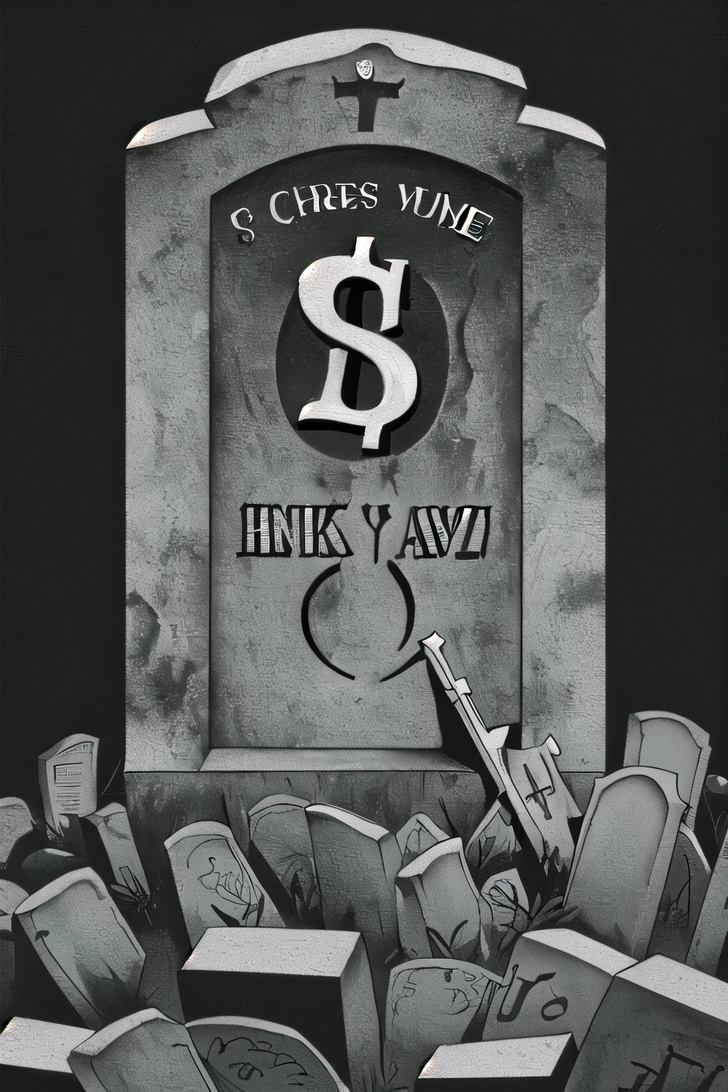 a black tombstone with a dollar sign with an unmarked cemetery as a background