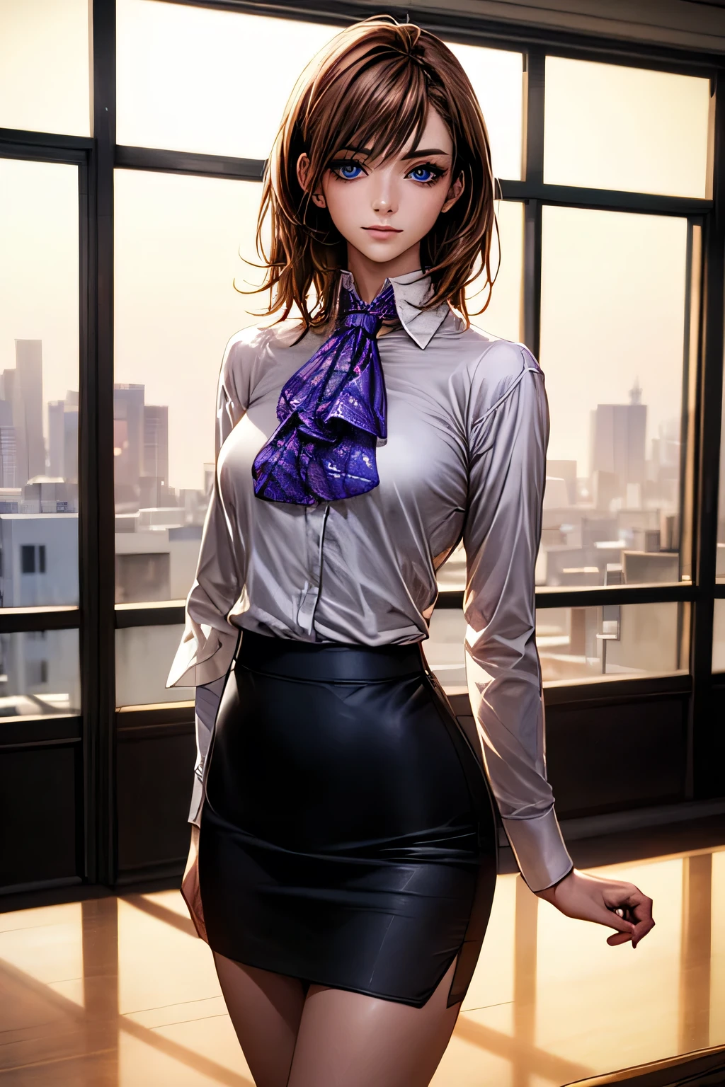 (masterpiece:1.2, highest quality), (Realistic, photoRealistic:1.4), Beautiful illustrations, (Natural Side Lighting, Cinema Lighting),
Looking at the audience, Face Focus, Upper Body, 1 female, (alone), Japanese, Perfect Face, Perfect body, Symmetrical Beautiful Face, Shiny skin, Mature face, Large Chest:1.4
((Medium Hair:1.4, Light brown hair)), Blue Eyes, Captivating thighs, thin,
Beautiful Hair, Beautiful Face, thin and beautiful eyes, Beautiful clavicle, Beautiful body, Beautiful breasts, Beautiful thighs, Beautiful feet, Beautiful fingers,
(((Ascot Shirt:1.3), Black tight skirt)),
(Beautiful views), evening, (office), Are standing, (Cute Smile, Excellent),