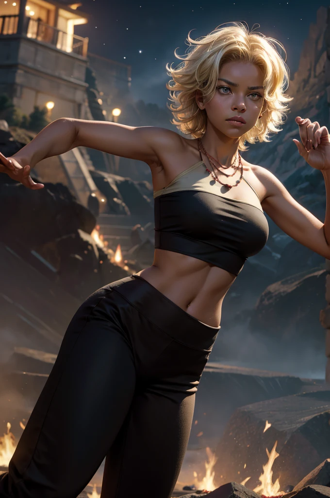 arslanaltan, 1girl, blonde hair, short hair, green eyes, dark skin, brown skin, hair ornament, t-shirt, bare shoulders, yoga pants, necklace, (Masterpiece, Best Quality, Highres:1.2), Detailed, Intricate Details, 4K, solo, cowboy shot, high rating, fighting stance, fighting pose, mountainside, bonfire, crowd, night, stars,  closed mouth, serious look, serious expression, looking at viewer,