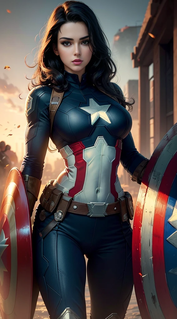 ((Best quality)) , ((Masterpiece)) , (Detailed) ,( Captain America Lady) , perfect body shape, big , black hair, beautiful face, focous on face details, wearing captain America uniform, logo of hydra in the background
