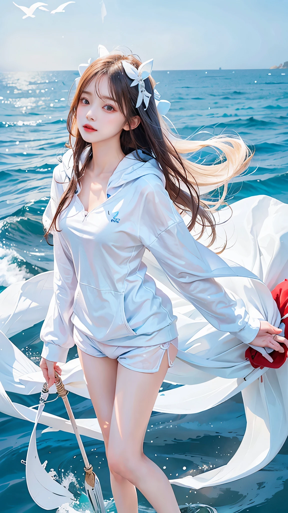 In the clear blue sea、Wearing a white hoodie fluttering in the wind、A woman wearing shorts、standing on the waves。Her hair is long、Shine white、Swaying in the waves。Red Eyes - Full Body Photograph