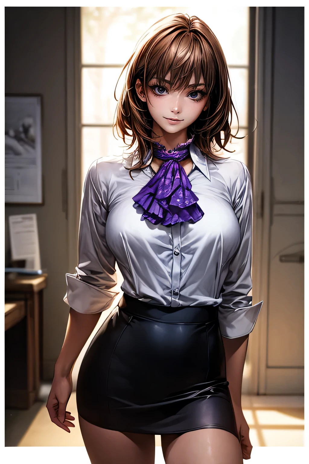 (masterpiece:1.2, highest quality), (Realistic, photoRealistic:1.4), Beautiful illustrations, (Natural Side Lighting, Cinema Lighting),
Looking at the audience, Face Focus, Upper Body, 1 female, (alone), Japanese, Perfect Face, Perfect body, Symmetrical Beautiful Face, Shiny skin, Mature face, Large Chest:1.4
((Medium Hair:1.4, Light brown hair)), Blue Eyes, Captivating thighs, thin,
Beautiful Hair, Beautiful Face, thin and beautiful eyes, Beautiful clavicle, Beautiful body, Beautiful breasts, Beautiful thighs, Beautiful feet, Beautiful fingers,
(((Ascot Shirt:1.3), Black tight skirt)),
(Beautiful views), evening, (office), Are standing, (Cute Smile, Excellent),