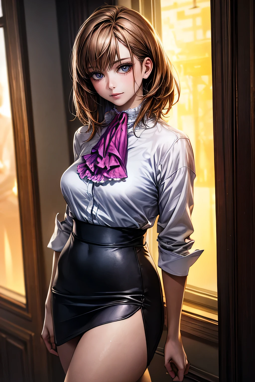 (masterpiece:1.2, highest quality), (Realistic, photoRealistic:1.4), Beautiful illustrations, (Natural Side Lighting, Cinema Lighting), 
Looking at the audience, Face Focus, Upper Body, 1 female, (alone), Japanese, Perfect Face, Perfect body, Symmetrical Beautiful Face, Shiny skin, Mature face, Large Chest:1.4
((Medium Hair:1.4, Light brown hair)), Blue Eyes, Captivating thighs, thin, 
Beautiful Hair, Beautiful Face, thin and beautiful eyes, Beautiful clavicle, Beautiful body, Beautiful breasts, Beautiful thighs, Beautiful feet, Beautiful fingers, 
(((Ascot Shirt:1.3), Black tight skirt)), 
(Beautiful views), evening, (office), Are standing, (Cute Smile, Excellent),
