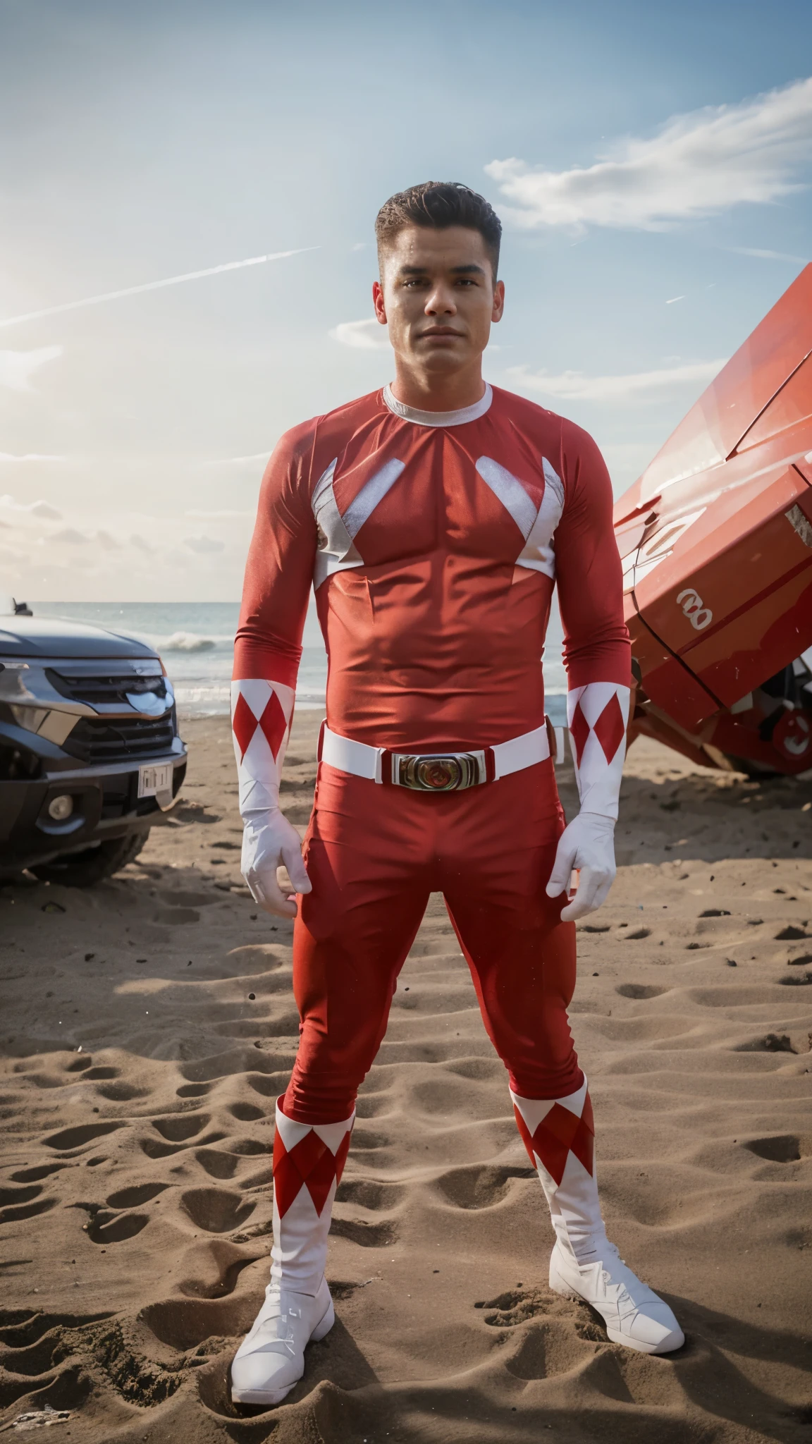 Power ranger red, on the beach, full body , ultra HD, realistic.