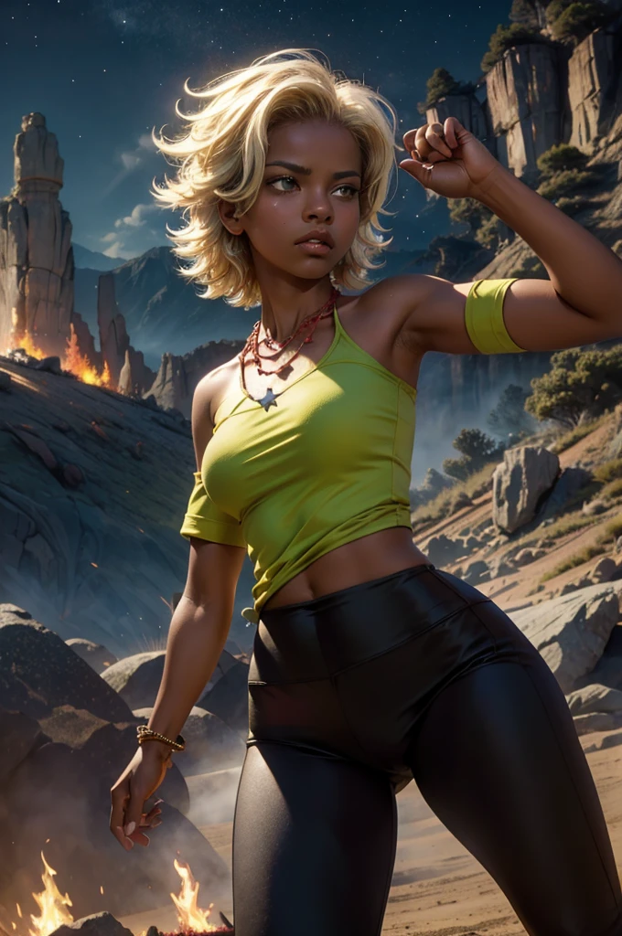 arslanaltan, 1girl, blonde hair, short hair, green eyes, dark skin, brown skin, hair ornament, t-shirt, bare shoulders, yoga pants, necklace, (Masterpiece, Best Quality, Highres:1.2), Detailed, Intricate Details, 4K, solo, cowboy shot, high rating, fighting stance, fighting pose, mountainside, bonfire, crowd, night, stars,  closed mouth, serious look, serious expression, looking at viewer,