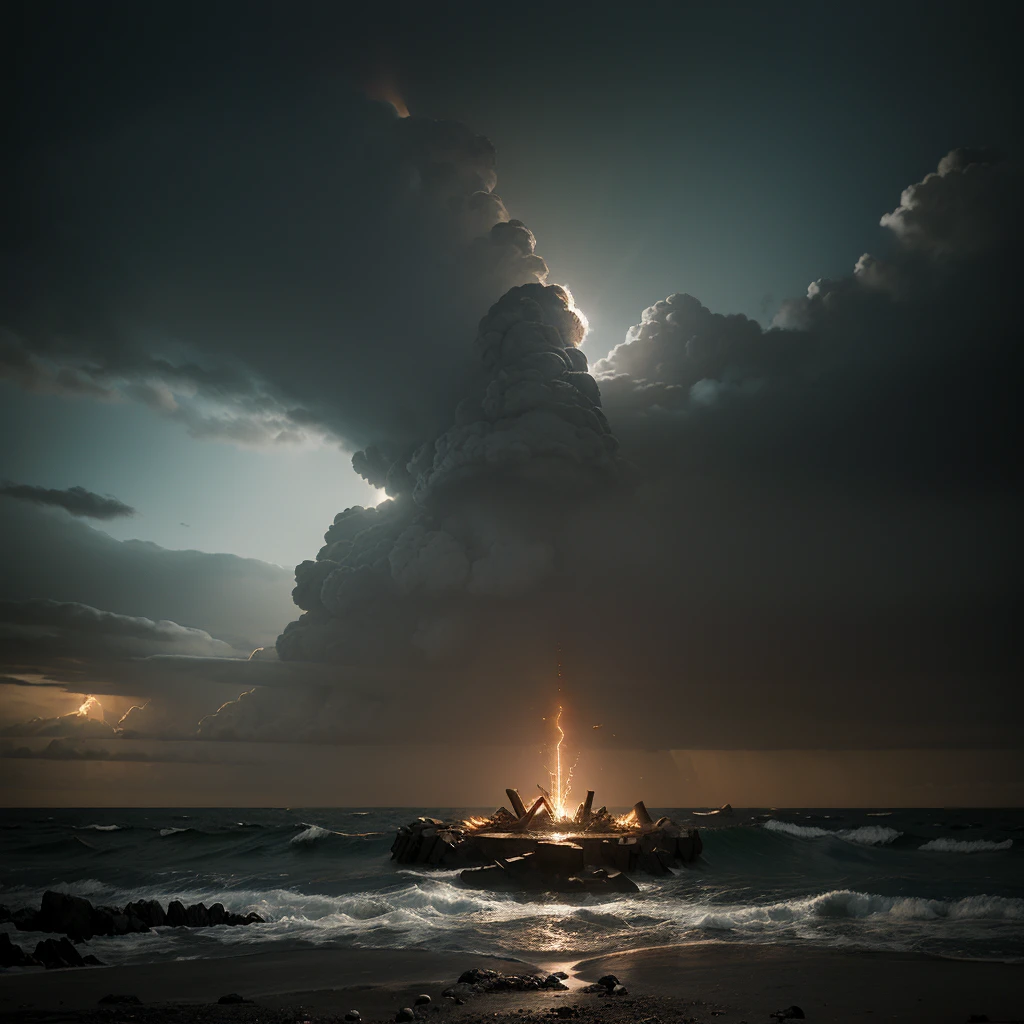 Utilizando inteligencia artificial, I ask you to generate an image that represents an apocalyptic landscape inspired by the book of Revelation in the Bible. Imagine a post-apocalyptic scenario described in the book, con elementos como cielos oscuros, estrellas cayendo, bestias emergiendo del mar, angels with trumpets, siete sellos, siete copas de la ira, etc. Make the image as realistic and detailed as possible, capturing the atmosphere of desolation and divine judgment described in the book. Use dark and sombre colors, dramatic light and shadow effects, and symbolic elements that represent the end of times according to the biblical narrative of the Apocalypse.