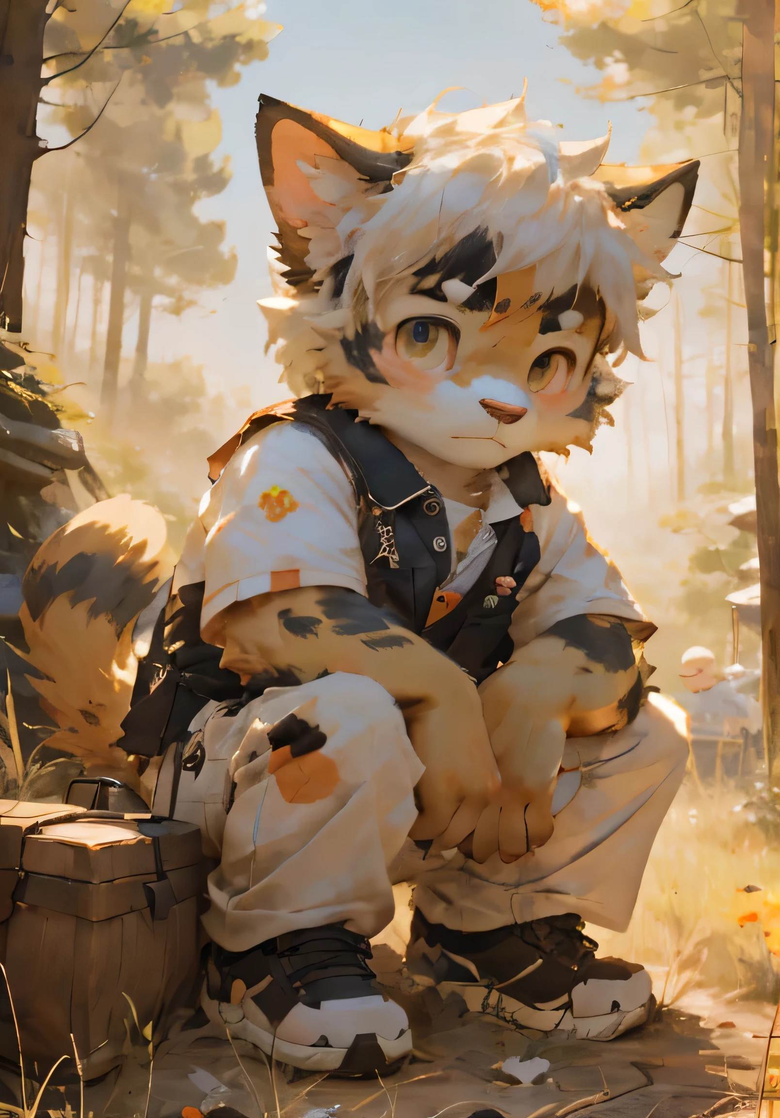 (masterpiece)，(Very detailed)，(best quality)，hairy，Calico cat，Golden fur，white hair，Black pupil，(Ordinary clothes)，((aggrieved look))，Forest background，8k，(high quality)，(Ultra HD)，(Ultra Detailed)，（Young children），（Juvenile），Perfect sunshine，（Squat）
