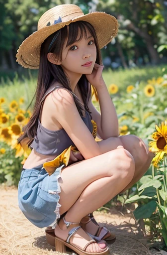 a lot of details, (slender waist), 30 years old, detailed black hair, beautiful detailed hair, super fucking beautiful, complex details beautiful and delicate eyes, perfect hands, (small breasts best quality), perfect and delicate limbs, detailed skin, best quality, ultra-detailed, (Girl in straw hat looking back in a field of sunflowers:1.1), (cute puppy:1.3), (wide view:1.2), best detailed girl, squatting, Air bangs, medium hair, cheerful grin, (orange tank top),(sideboob:1.3) (white frilled skirt), sandals, (sunlight:1.3), sea of flowers,(fairyland,:1.3)