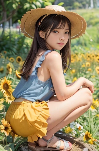 a lot of details, (slender waist), 30 years old, detailed black hair, beautiful detailed hair, super fucking beautiful, complex details beautiful and delicate eyes, perfect hands, (small breasts best quality), perfect and delicate limbs, detailed skin, best quality, ultra-detailed, (Girl in straw hat looking back in a field of sunflowers:1.1), (cute puppy:1.3), (wide view:1.2), best detailed girl, squatting, Air bangs, medium hair, cheerful grin, (orange tank top),(sideboob:1.3) (white frilled skirt), sandals, (sunlight:1.3), sea of flowers,(fairyland,:1.3)