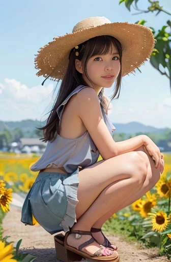 a lot of details, (slender waist), 30 years old, detailed black hair, beautiful detailed hair, super fucking beautiful, complex details beautiful and delicate eyes, perfect hands, (small breasts best quality), perfect and delicate limbs, detailed skin, best quality, ultra-detailed, (Girl in straw hat looking back in a field of sunflowers:1.1), (cute puppy:1.3), (wide view:1.2), best detailed girl, squatting, Air bangs, medium hair, cheerful grin, (orange tank top),(sideboob:1.3) (white frilled skirt), sandals, (sunlight:1.3), sea of flowers,(fairyland,:1.3)