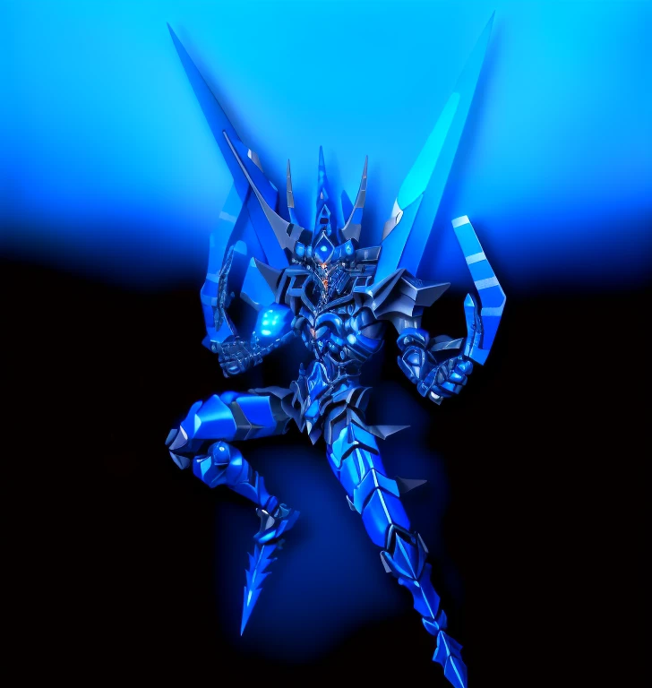 anime character with a sword and claws in a blue background, guyver style, yugioh art style, attack pose, yugioh style, bio - mechanical ninja samurai, this character has cryokinesis, guyver dark hero, sharp robot dragon claws, greek god in mecha style, menacing pose, humanoid form, trigger anime artstyle