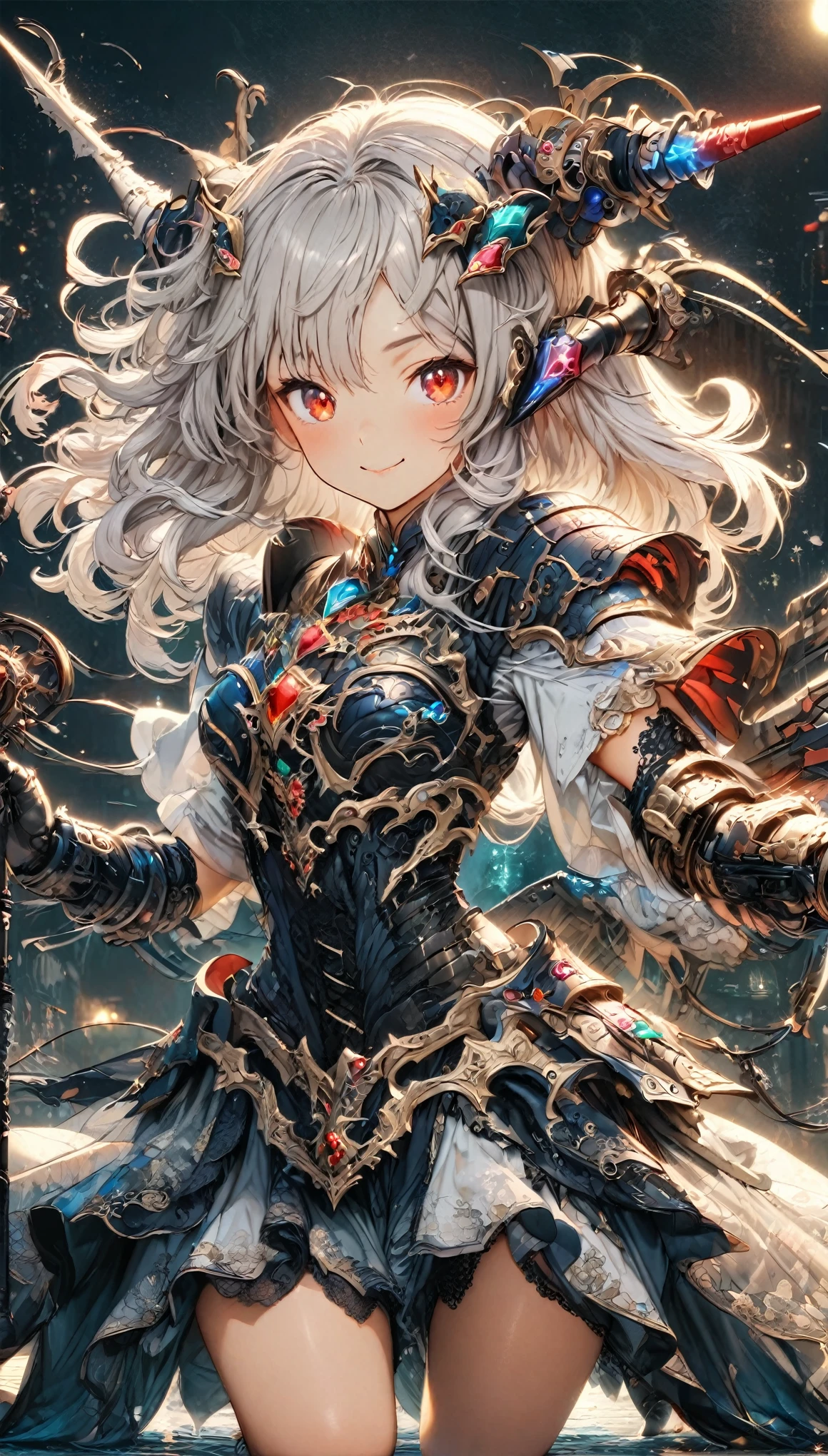 masterpiece, best quality, extremely detailed, high resolution, Japanese anime,1girl, Silver hair, (medium length hair:1.4), curly hair, wavy hair, drill hair, (mechanical horn:1.5), mechanical wing, (red eyes:1.5), (beautiful detailed eyes:1.4), laugh, 130cm tall, original character, fantasy, (black background:1.2), (full body:1.8), beautiful fingers, standing, (black blue lace frill armor dress:1.5), (bejeweled headgear:1.5) , shoot from front, looking at viewer