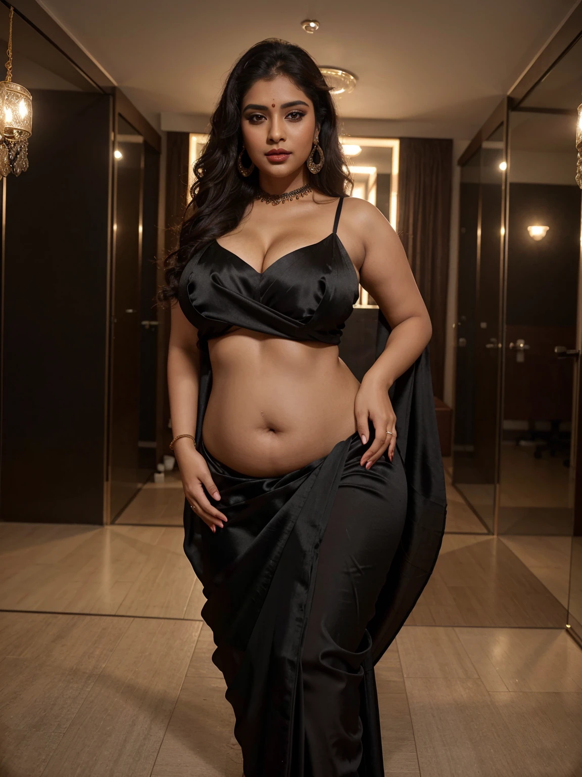 sexy Indian curvy busty women , wearing black colour silk saree , big round boobies , belly button showing , long curly hairs , earrings , wearing ornaments , slutty make up , red lips , standing in party functions , 8k resolution , photorealistic , ultra realistic ,