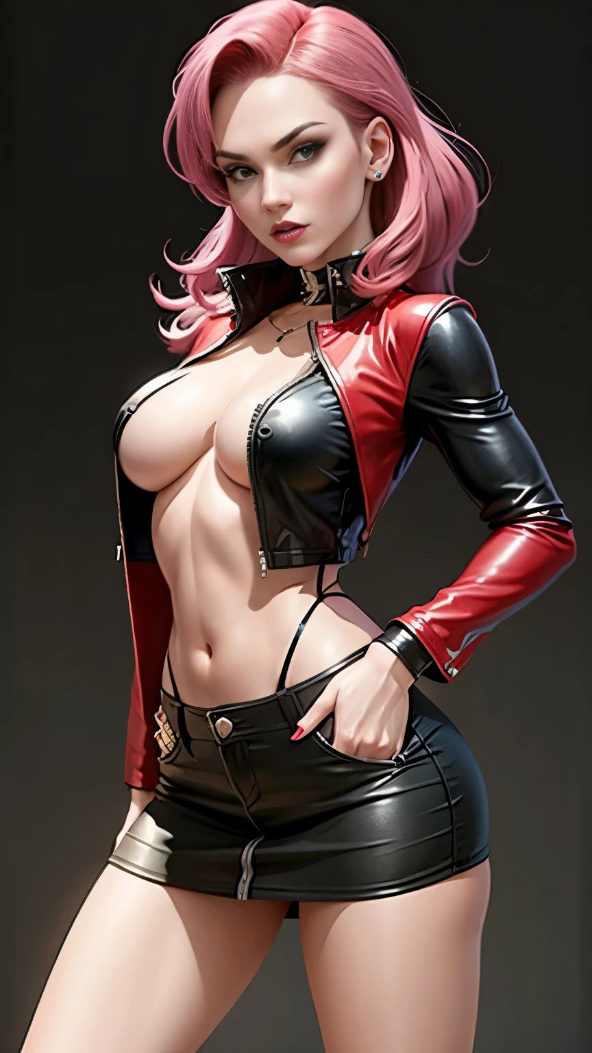 Jessie from pokemon team rocket, short tight skirt, short open jacket, crop top, v-string, realistic photo, big tits
