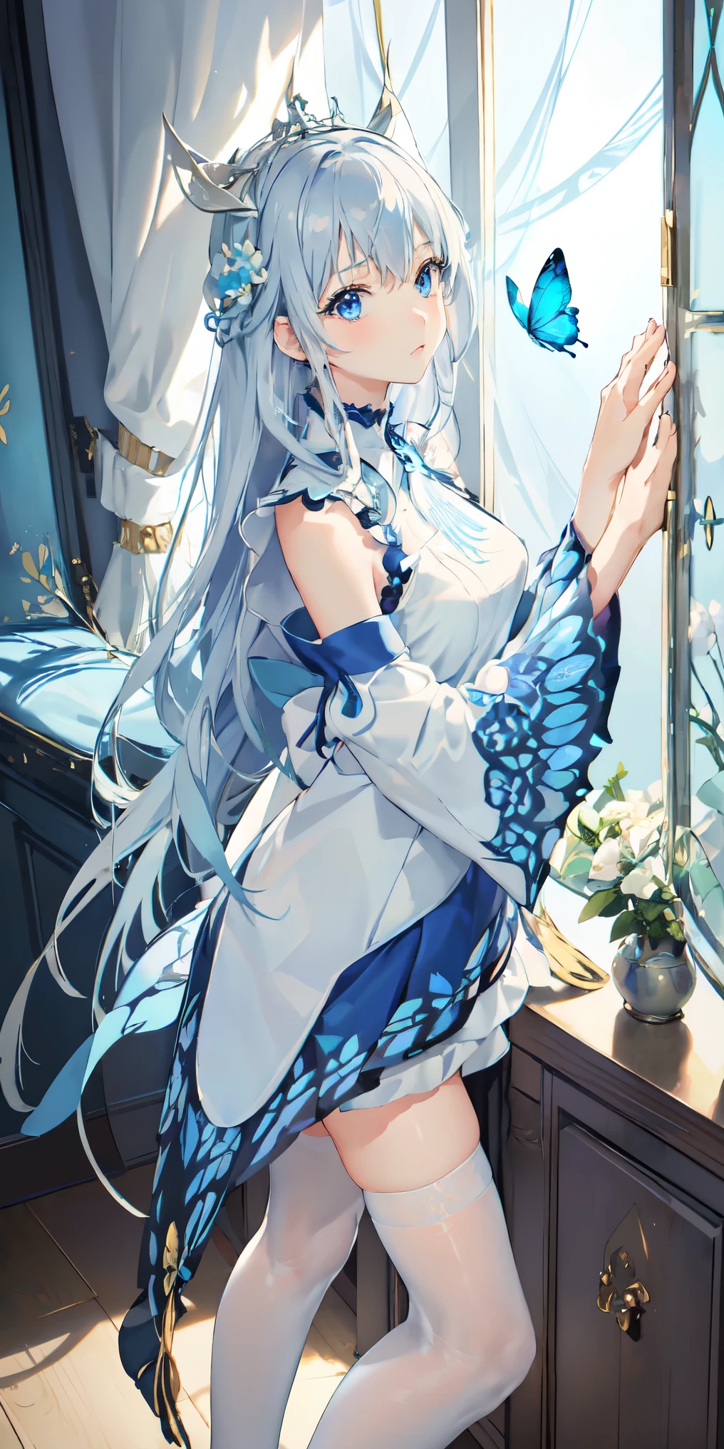 (俯瞰figure),Dynamic Angle,Very detailed, figure, close, Straight, One girl, (Fantasy:1.4), (Blue Eyes:1.233),Her eyes shone like dream-like stars,(Glowing Eyes:1.233),(Beautiful and detailed:1.1),(Silver Hair:1.14),(Messy Hair,Very long hair,French Braid,Hair between the eyes,Side Lock), (+(Blue Hair Flower:1.14)),(Chiffon dress,blue floral pattern on uniform)/=(uniform:1.24),(Removable sleeves,Wide sleeves),(Fingerless gloves),choker,(Shrine Maiden Knee Socks),High heel boots,(Expressionless,Mouth closed),(Are standing), (In the white ancient palace、Classic princess bedroom with dressing table and French windows),(White flower,bloom),(Deep Sea),(water flowing),(Dull Blue World Tree:1.14),(Remains),(night:1.2),dream-like,soul,(fluorescence),(Flying translucent blue butterfly:1.15), [[Delicate fingers and hands:0.55]::0.85],(Finger details),(Soup packets:0.5),