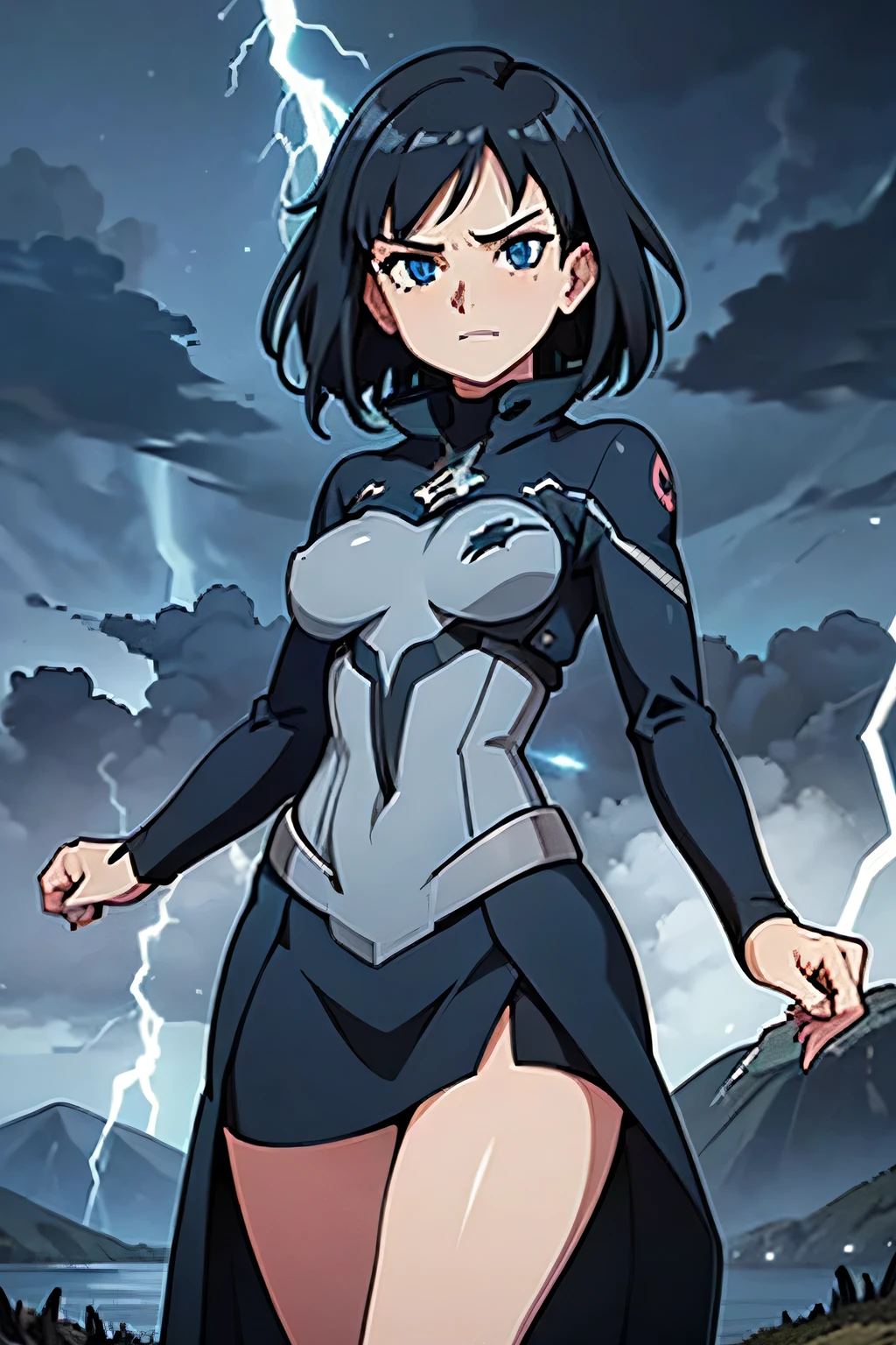 1girl, highly detailed, masterpiece, best quality, correct hands, small breasts, short black hair, blue eyes, defined curves, smug look, satisfied look, mountain background, storm, lightning, stormy atmosphere, flying, floating above the ground, surrounded by lightning, static sparks, holding a sword