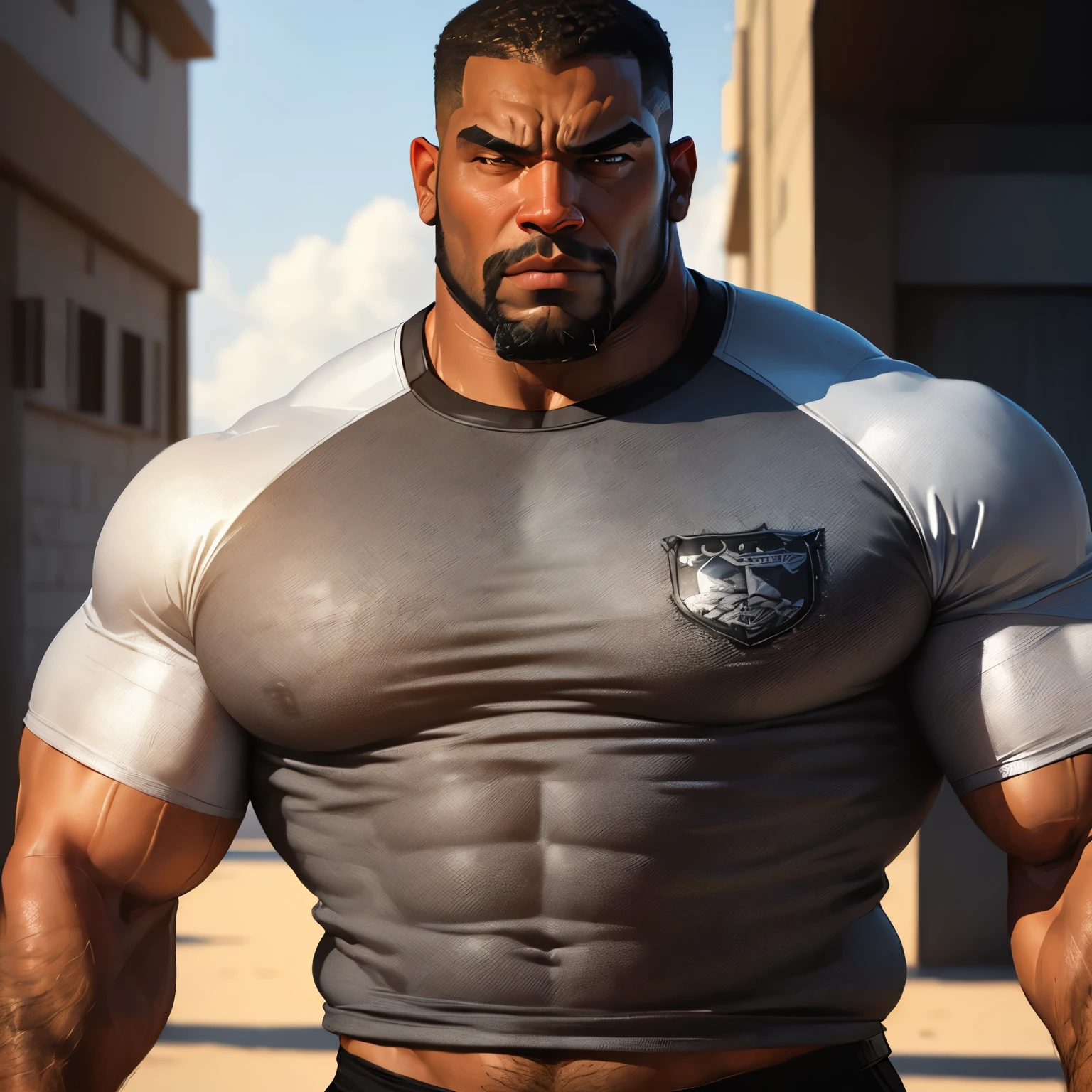 an exaggeratedly muscular and large bodyguard, beefy build, beard, dark-skinned african american male, buzzcut hair with square line, (sad expression: 1.2), (wearing silver and black raglan shirt: 1.2), (shirt showing midriff:1.1), school logo on shirt, (bara pecs: 1.3), (arm and chest hair: 1.1), close-up portrait HD, (cowboy angle), (sports field)