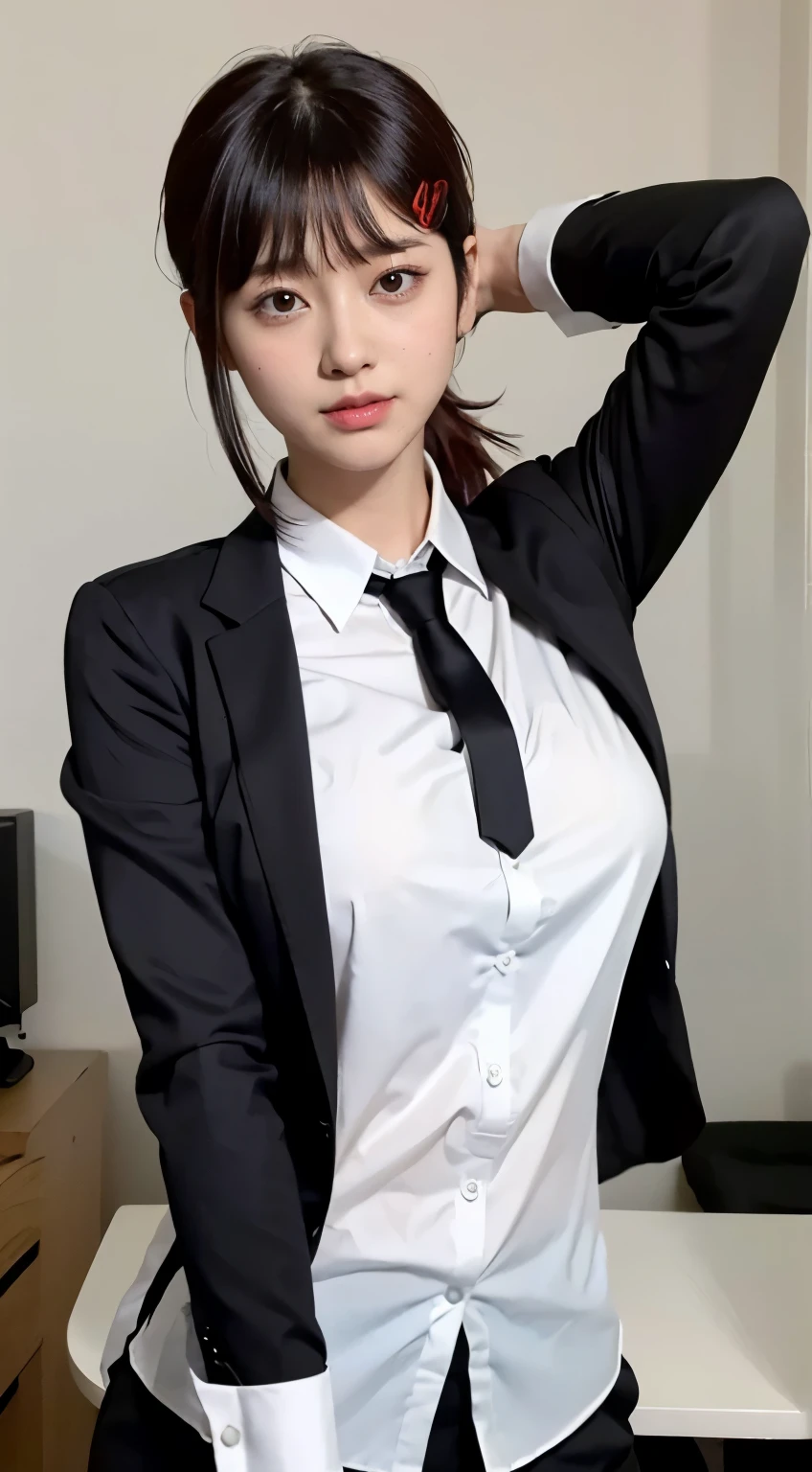 Highest quality、Ultra-high resolution、Professional Lighting、Detailed Background、workroom、full body,Kobeni-chan、A sloppy smile、25-year-old woman、beautiful girl、(Kobeni-chan、Jet black hair, Black Hair, bangs, One-sided hair,)、(Red Hair Clip:1.1)、(White shirt:1.2)+(Black tie:1.2)+(black long pants for work:1.2)、(Huge breasts that look like they might burst:1.2)、(Big thighs:1.1)、Are standing、Model pose