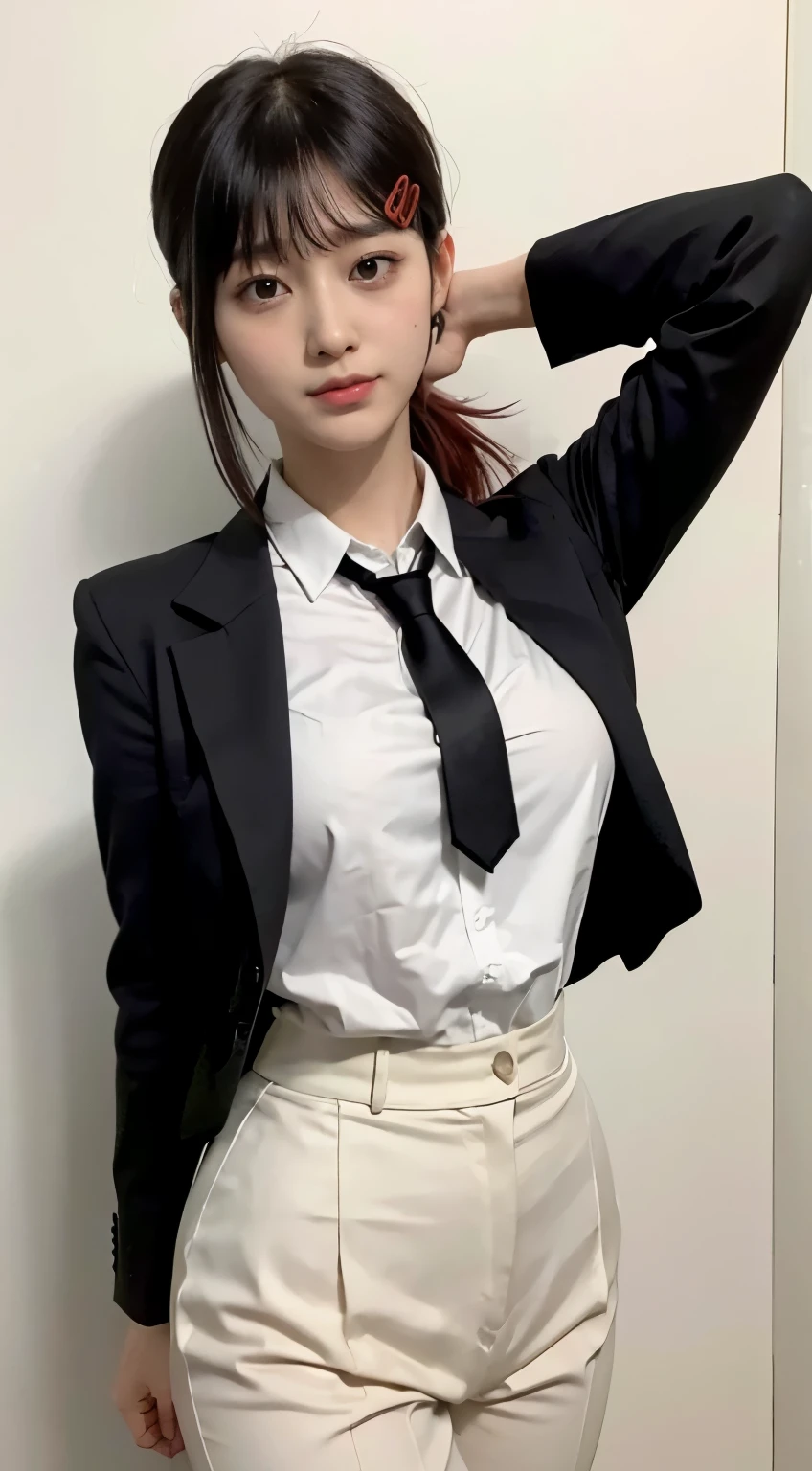 Highest quality、Ultra-high resolution、Professional Lighting、Detailed Background、workroom、full body,Kobeni-chan、A sloppy smile、25-year-old woman、beautiful girl、(Kobeni-chan、Jet black hair, Black Hair, bangs, One-sided hair,)、(Red Hair Clip:1.1)、(White shirt:1.2)+(Black tie:1.2)+(black long pants for work:1.2)、(Huge breasts that look like they might burst:1.2)、(Big thighs:1.1)、Are standing、Model pose