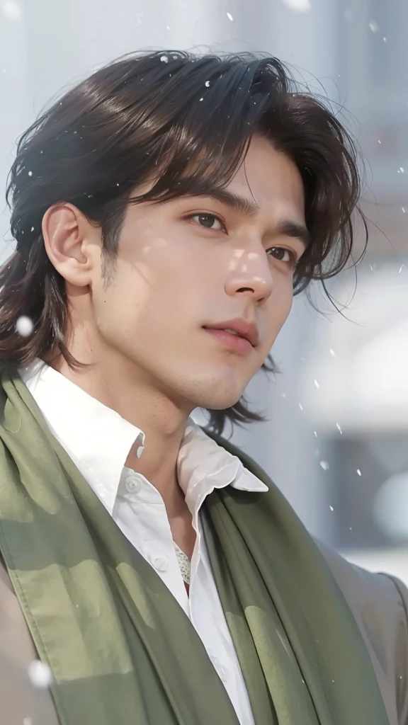 A man with realistic brown hair, exactly the same realistic hairstyle, realistic handsome face, realistic cool expression, adapt Exactly the same clothes, realistic green scarf, realistic light, realistic shadows, realistic background, realistic snow