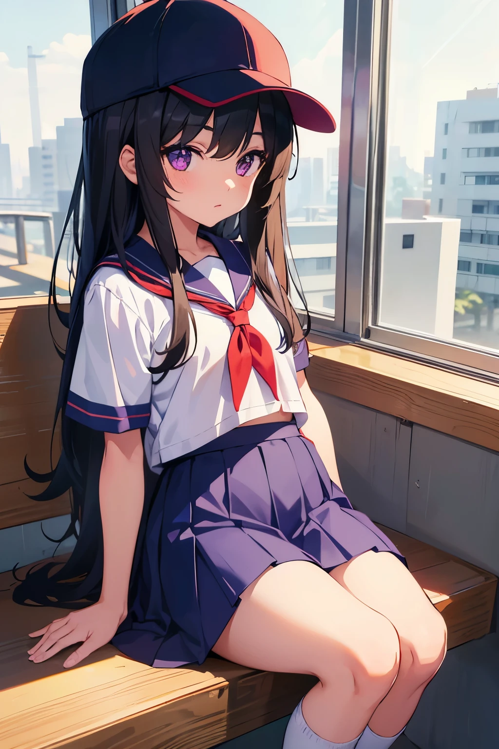 Elementary school girl　8-year-old　Flat Chest　Black Hair　Long Hair　Purple eyes　1 person　Wearing a red baseball cap　upper body baseball uniform　Navy blue mini skirt　White panties　　White socks　sneakers　Girl&#39;s Room　Are standing　Dynamic Angle　Low Angle