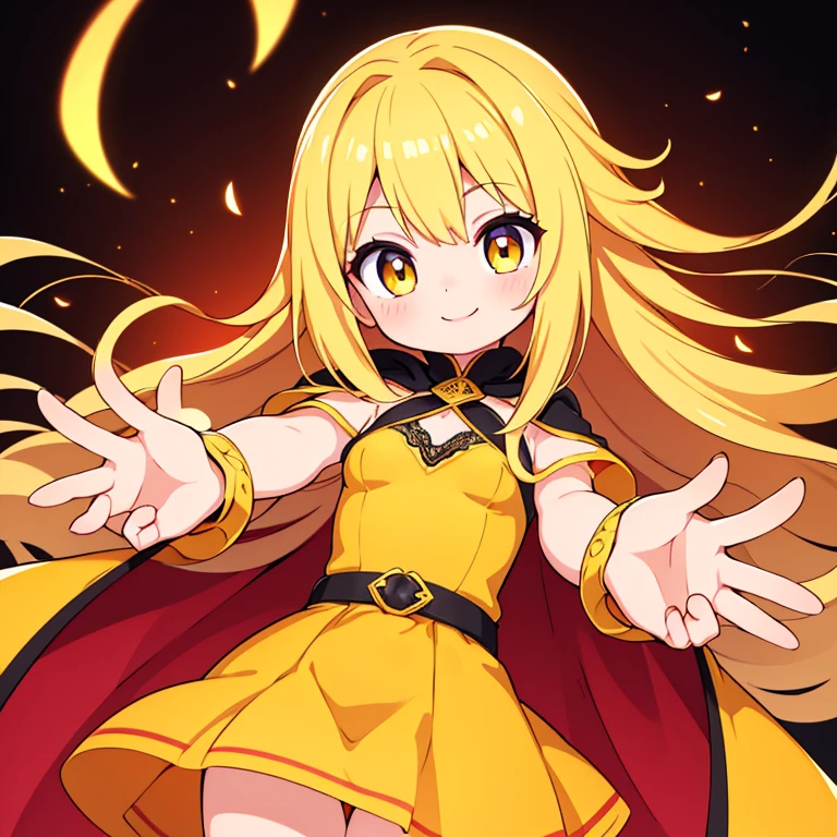 (highest quality:1.2, Very detailed, up to date, Vibrant, Ultra-high resolution, High Contrast, masterpiece:1.2, highest quality, Best aesthetics), Five fingers,(Small face), (Very detailedな肌:1.2), One Girl, (blonde, Long Hair, Amber Eyes), (Slim figure:1.4, Women with slim bodies and small breasts), Beautiful Eyes, Glossy Lips, Glowing Skin,Captivating thighs, ((smile)),yellow dress coat,Orange Skirt,Golden lace hood,Hands outstretched out here