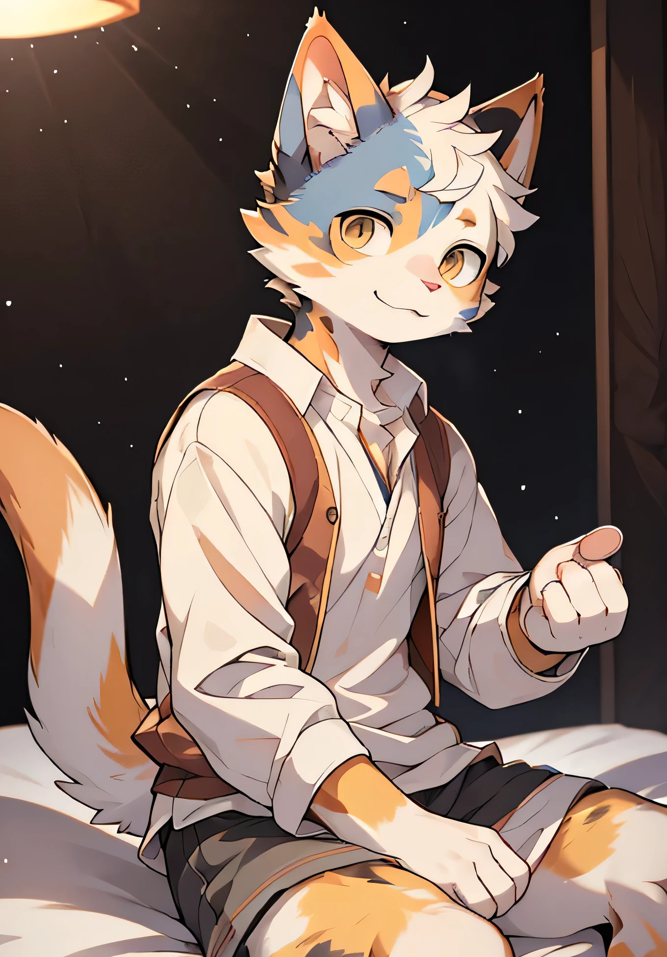 (Best image quality),(masterpiece),(((The only person))),(Ultra Detailed),(Calico cat:1.5), (White skin:1.3), hairy，(Light blue fur:1.3),((Golden Eyes)) ,(White ears),(hairy animal ears)，((Plain clothes))，Open your mouth slightly，Smile，small and sharp，natural lighting，Complex background,Delicate face，Details on the face，character focus，Detailed clothes，Depth of Field，Perfect lighting，Light Particles，Clear focus，Light Particles，Solitary，Front view，Sitting on the bed，handsome，Handsome，Bad laugh，