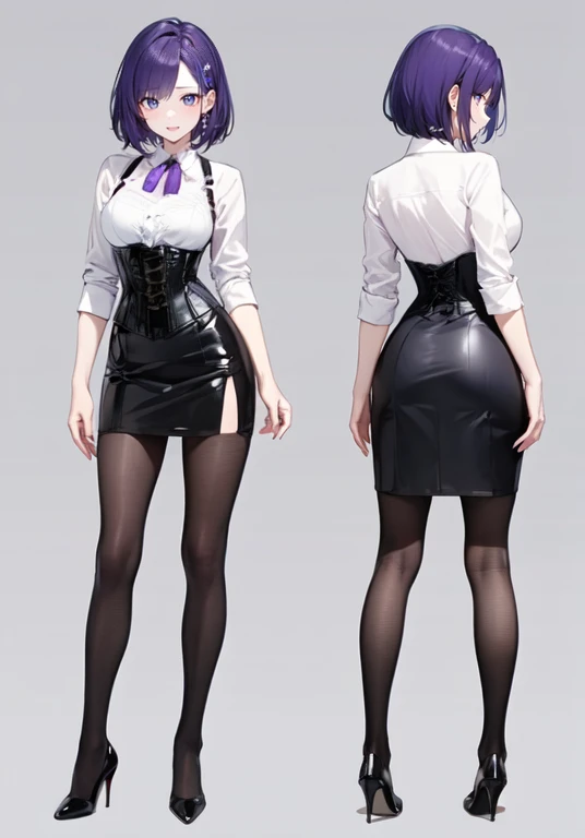 Purple hair,short hair,Adult female,(Bartender),((Rolling up your sleeves shirt)),(Corset),(Tight skirt),(high heels),((Simple background)),Smile,((Full body)),((whole body)),Character Sheet,